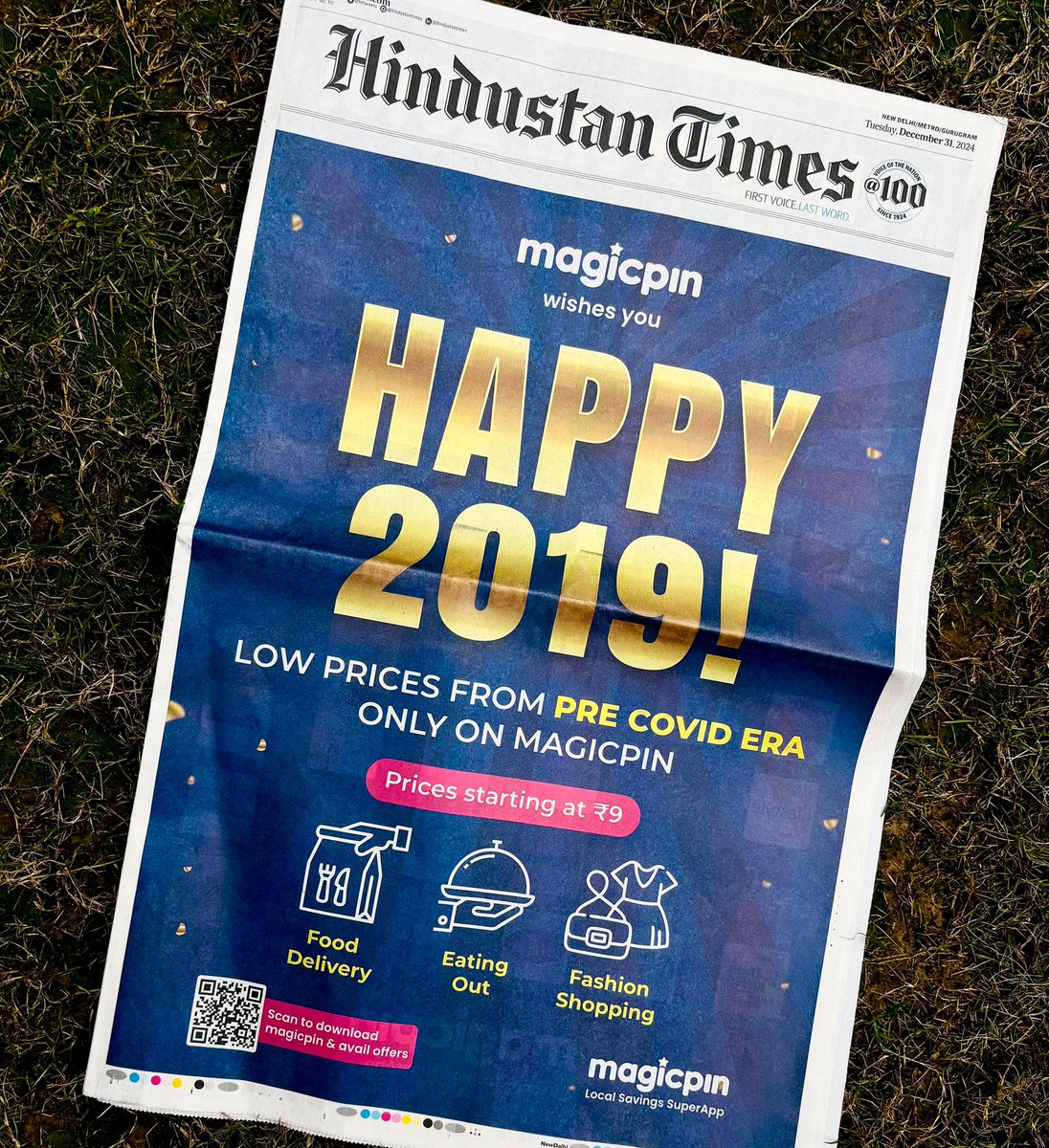 DoBaniye's tweet photo. Parents sent this interesting ad in the newspaper today about Magicpin wishing everyone a 'Happy 2019' (?!). Turns out they're actually taking prices back to the pre-Covid era!

Remember when a liter of petrol was ₹70, bananas were ₹40 a dozen, and an LPG cylinder was a reasonable ₹700? Good times.
Now, those same bananas are ₹80, the LPG cylinder is a whopping ₹1,100, and don't even get us started on the price of health insurance!

It's a struggle for the middle class these days. Everything's so expensive. But looks like Magicpin is going to offer some good relief with their throwback prices.
As listed, food, clothes, dining out – they're all back at those more affordable levels. It's like a little time machine back to a simpler and more affordable time. 

Been using Magicpin for shopping offers once in a while but now we are definitely going to check them out frequently!

What do you think about this?