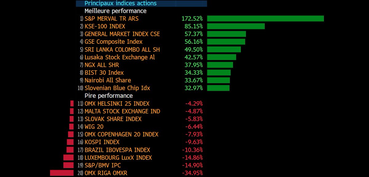 Le Merval argentin est l'indice qui réalise la meilleure performance de l'année à la fois en monnaie locale et en dollars (+113,7%), devant l'indice pakistanais KSE 100. Le Cac 40 (-3%) n'est pas loin de figurer aux rangs des pires performers.