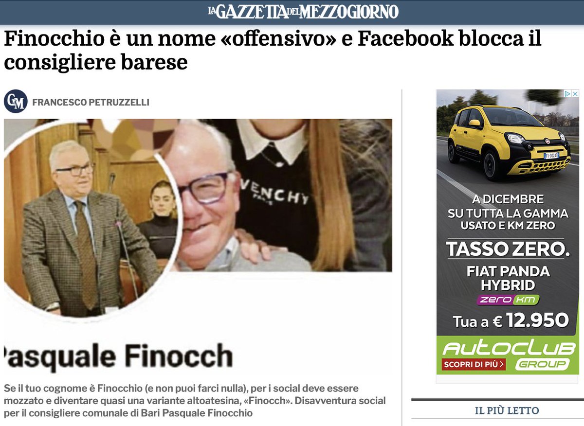 18. 💻

L'algoritmo di Facebook costringe consigliere barese a chiamarsi "Pasquale Finocch"