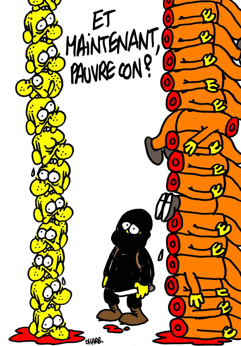 La peur étant la meilleure alliée de tout intégrisme, et si -tous- les journaux publiaient -en Une-, la semaine du 7 janvier 2025, un dessin de presse, thème : la commémoration #10ans #Charlie :🤔
#Charb octobre 2014👇