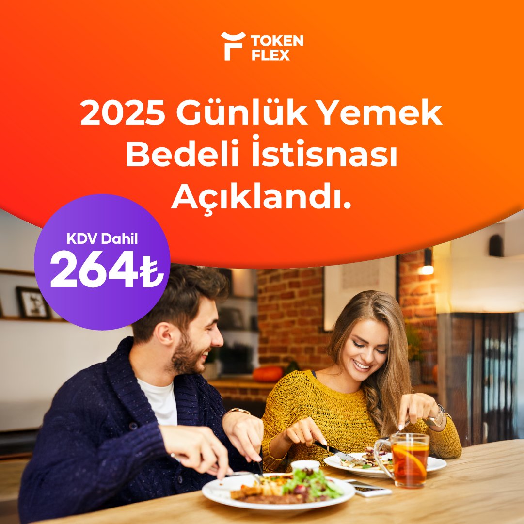 1 Ocak 2025 tarihinden itibaren geçerli olmak üzere, 32768 sayılı 2. Mükerrer Resmî Gazete’de yayımlanan 193 sayılı Gelir Vergisi Kanunu düzenlemesine göre günlük yemek bedeli istisnası KDV dahil 264 TL’ye yükseltilmiştir. Yemek ödemelerinizi TokenFlex ile yaparak çalışanlarınıza
