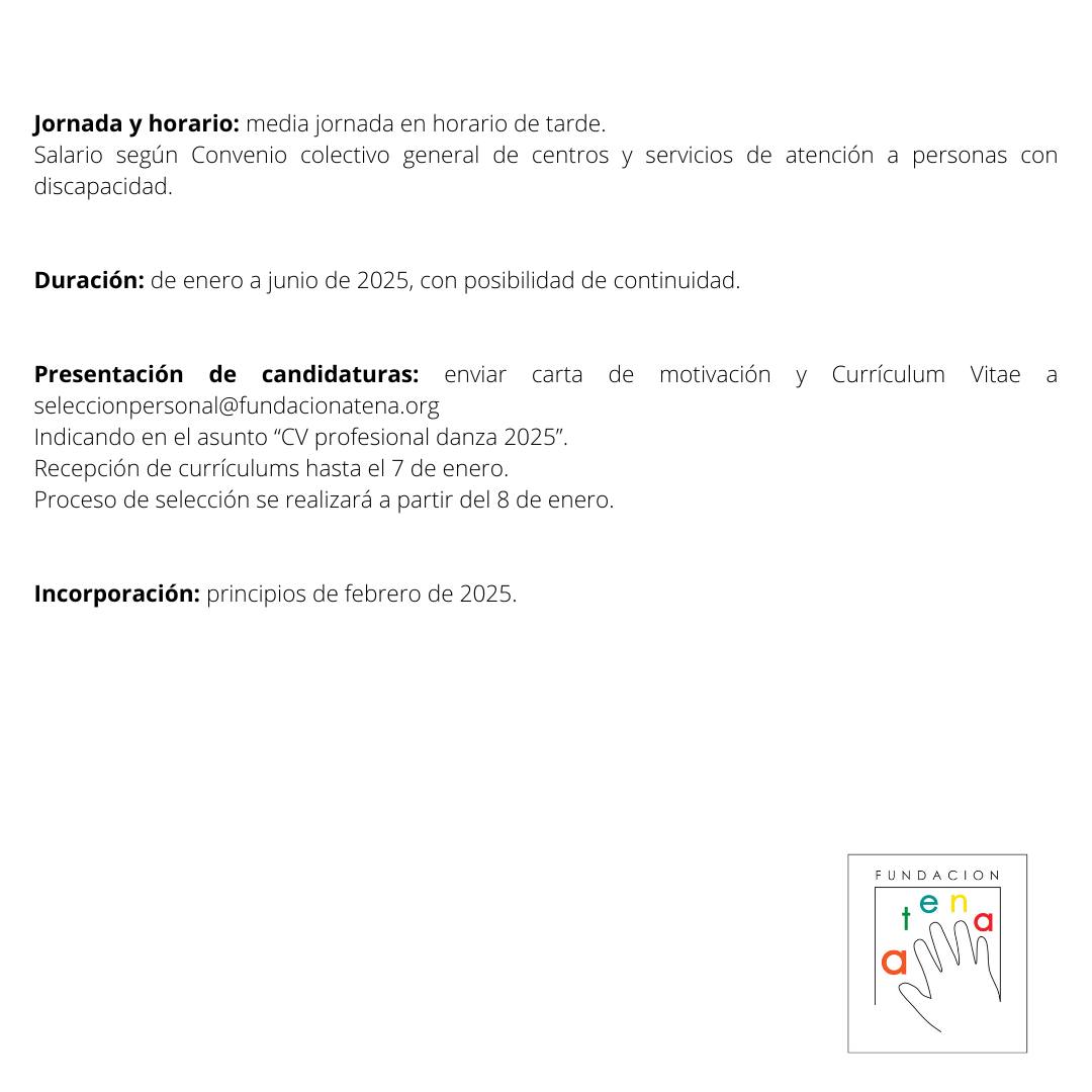 #EMPLEO: buscamos profesor o profesora de danza ¿Quieres desarrollar tu potencial artístico y social? ¡Fundación Atena es tu sitio! No pierdas la oportunidad de trabajar de la mano de la accesibilidad y la inclusión Postúlate o comparte con quien pueda estar interesada