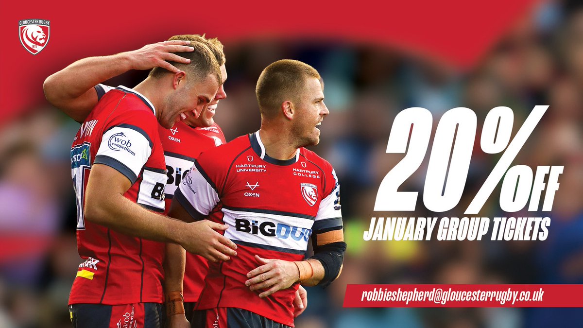 RoBist0's tweet photo. 🔴Join us at Kingsholm Stadium this January with friends &amp; family and make use of our 20% discount off of groups of 5 or more⚪️

robbieshepherd@gloucesterrugby.co.uk

#gloucesterrugby #cherryandwhite #premiershiprugby https://t.co/eW8YBjheIH