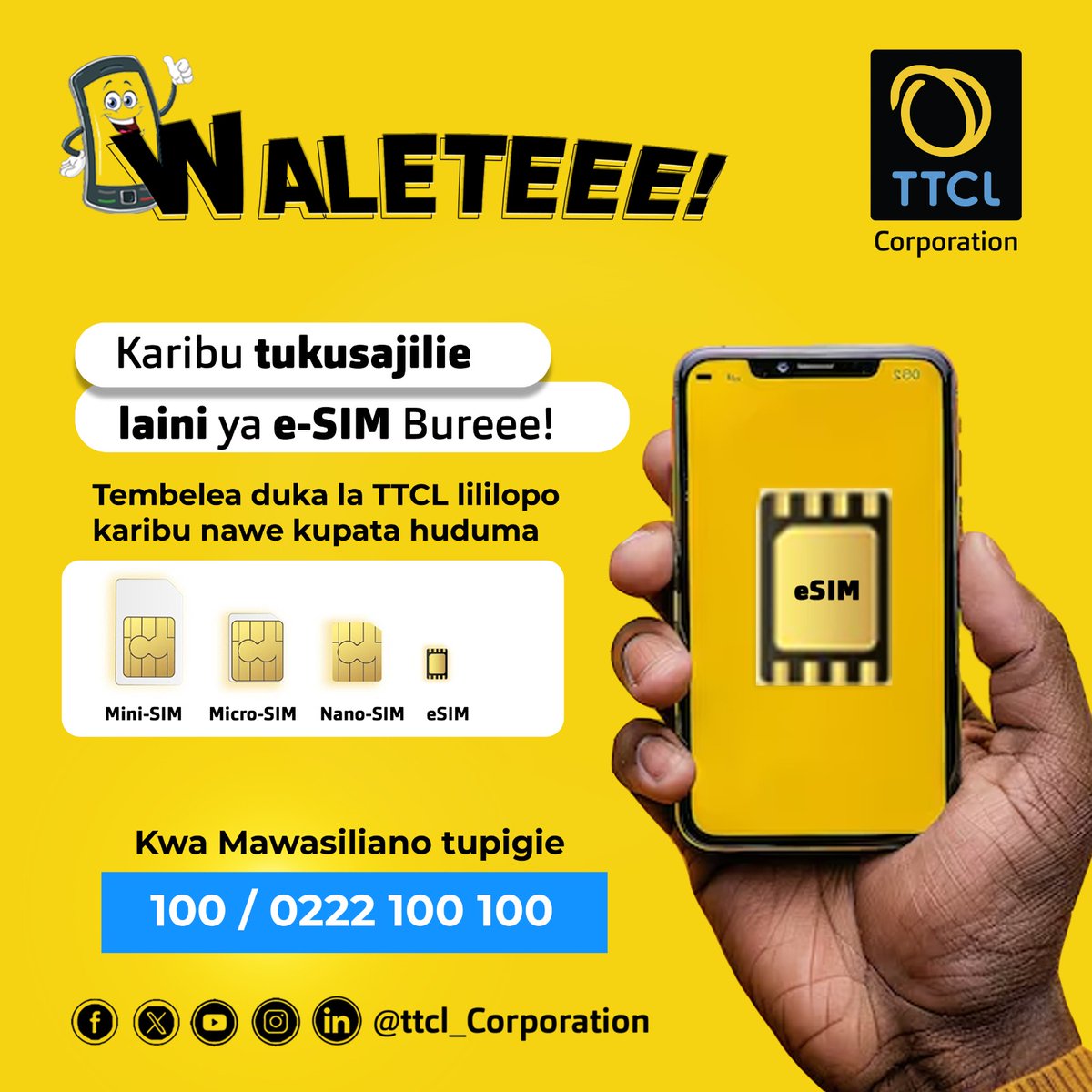TTCLCorporation's tweet photo. Jipatie e-SIM na furahia huduma bora za mawasiliano na yenye uhakika. Tembelea duka la TTCL lililopo karibu na nawe kupata huduma. #Waletee https://t.co/E2mzW6lTbT
