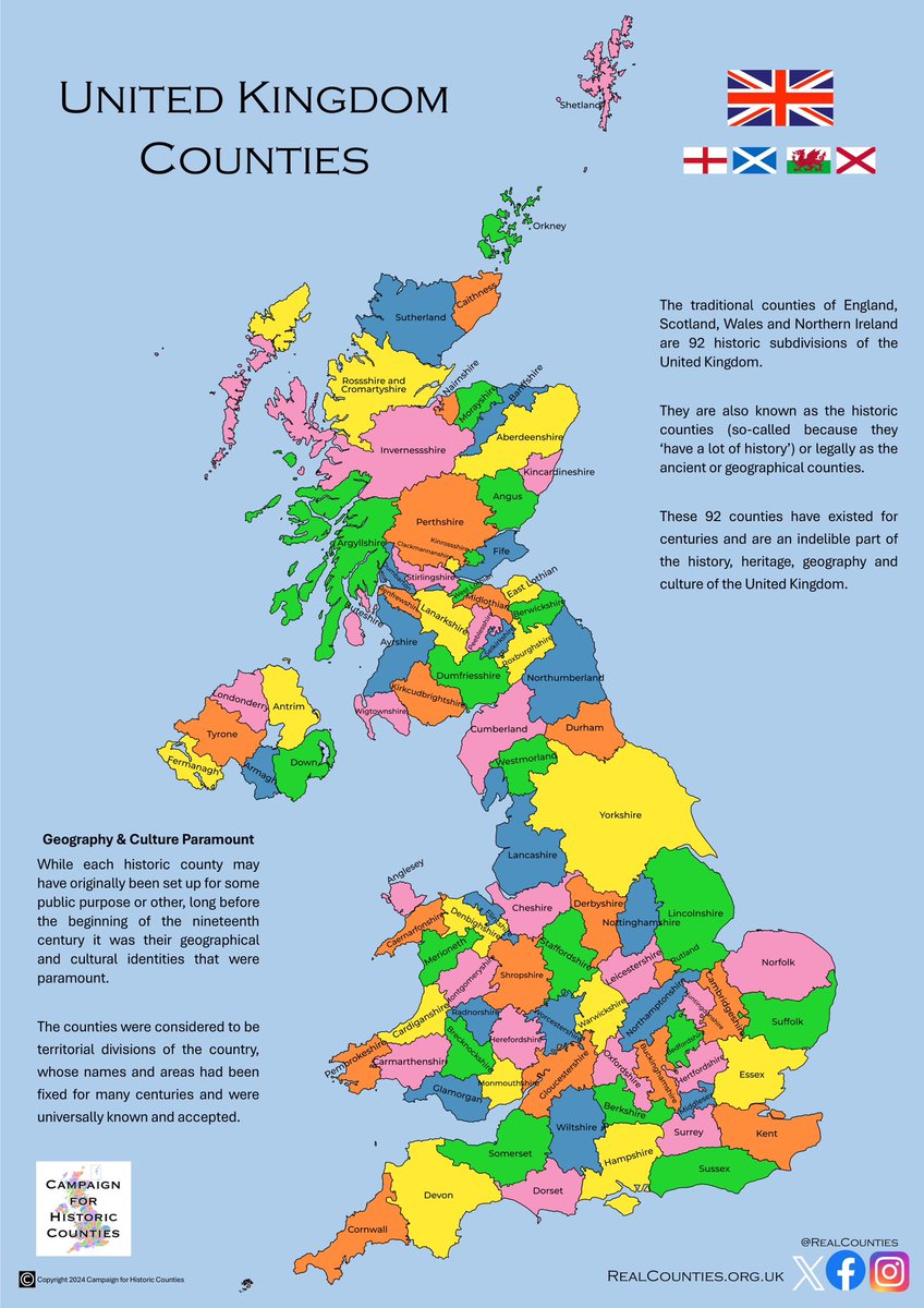 The traditional counties are 92 historic subdivisions of the United Kingdom.

They are also known as the ancient or geographical counties.

The historic counties have existed over 1,000 years in some cases, many centuries in others.

🇬🇧 #HistoricCounties | #RealCounties 🇬🇧