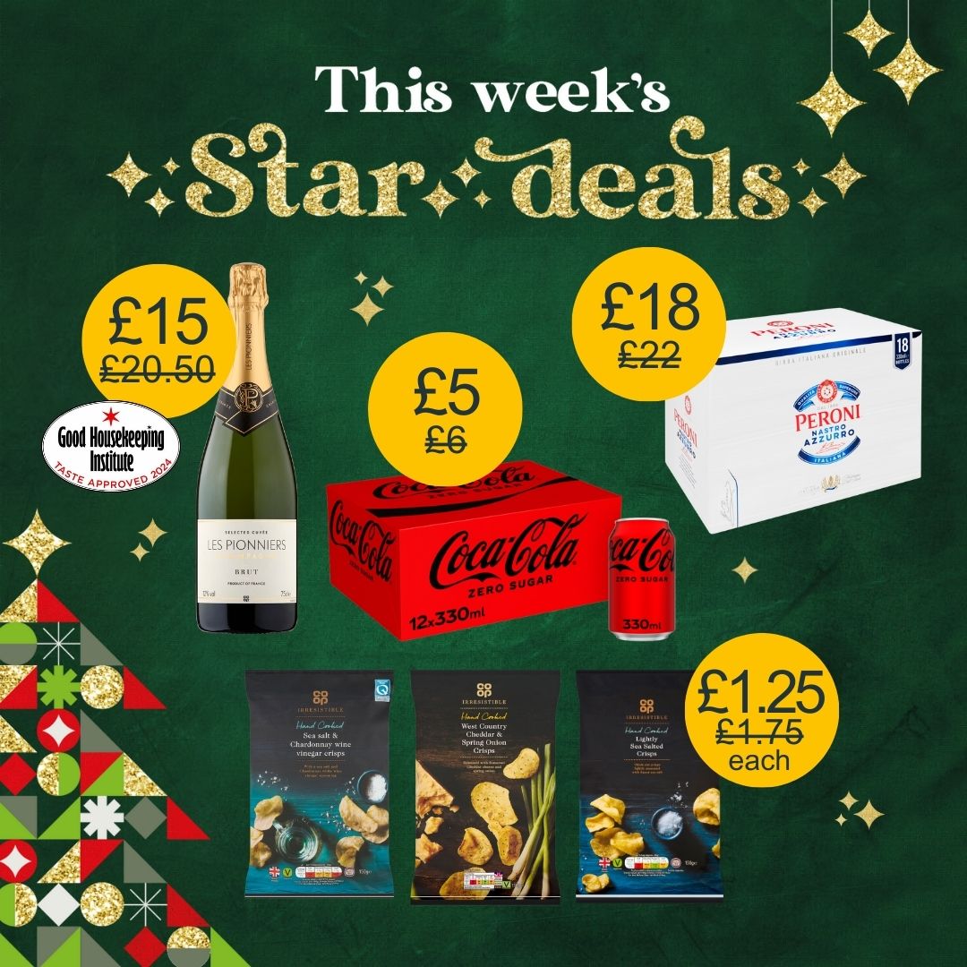 Whether you're staying in or getting ready for pre-drinks, we've got champagne, beer, snacks and soft drinks sorted for tonight🕺

Offers valid until 2nd January for Central Co-op Members only
 
Be drinkaware.co.uk