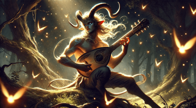 ScottyTreehouse's tweet photo. AI generated image - Satyr with a lute, playing music in an enchanted forest, surrounded by glowing fireflies - #aiforever #aiart https://t.co/t1es8fuzSm https://t.co/fvYCnsnXFs