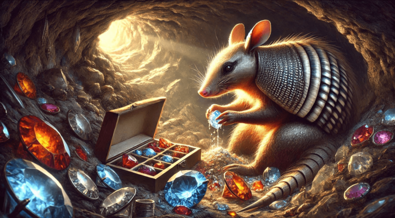 ScottyTreehouse's tweet photo. AI generated image - An armadillo meticulously crafting glowing gemstone jewelry in a cozy underground burrow - #aiforever #aiart https://t.co/xhPd9dPePj https://t.co/wAefq9XK3d