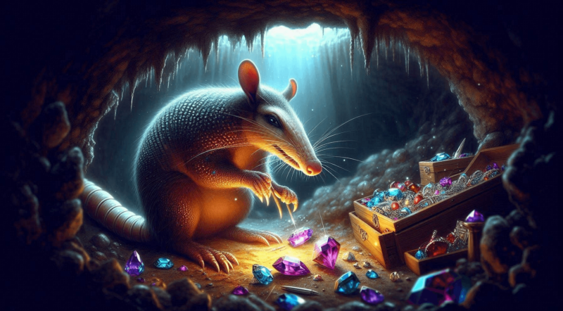 ScottyTreehouse's tweet photo. AI generated image - An armadillo meticulously crafting glowing gemstone jewelry in a cozy underground burrow - #aiforever #aiart https://t.co/rIbEqBo6Yr https://t.co/9ppcGqIpWv