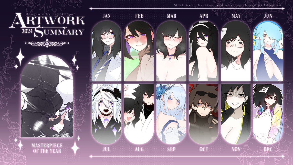 Here's my 2024 Artwork Summary~!! <333

I'll still need to improve more, but I will be sure to give my best again next year!

[ Thank you for the wonderful template! ]
