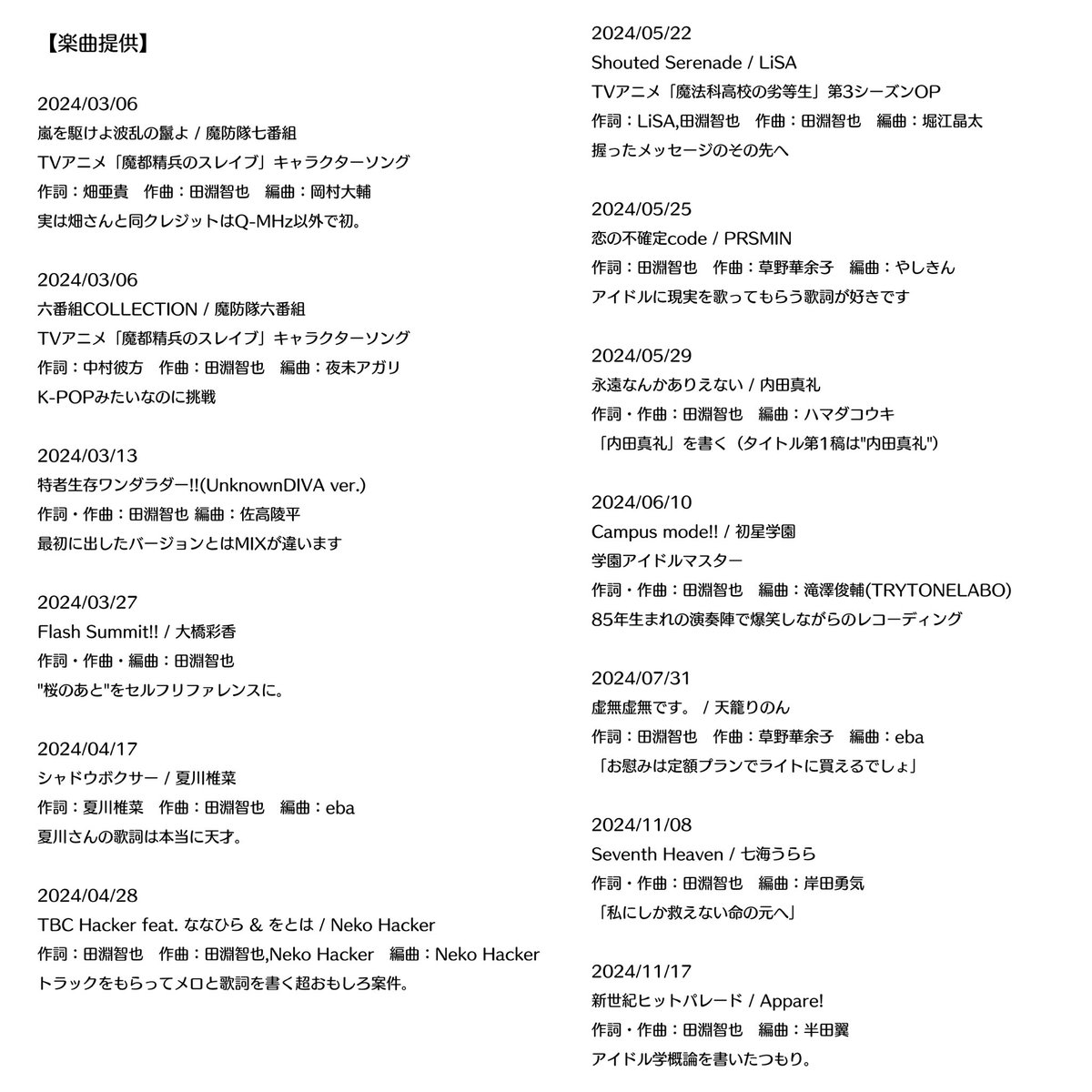 tomoyatabuchiBa's tweet photo. 今年もありがとうございました。2024年の楽曲一覧です。
今年はそんなに書いてないはずなんですが昨年から仕込んでた曲が多く出たのでこんな感じです。
やっぱり曲書くの好きなんで、来年も張り切って参ります。

良いお年をお迎えください。
私は大酒です。

#USG2024
#ケバブス
#ダイアローグ
#qmhz https://t.co/wjesWmasAK
