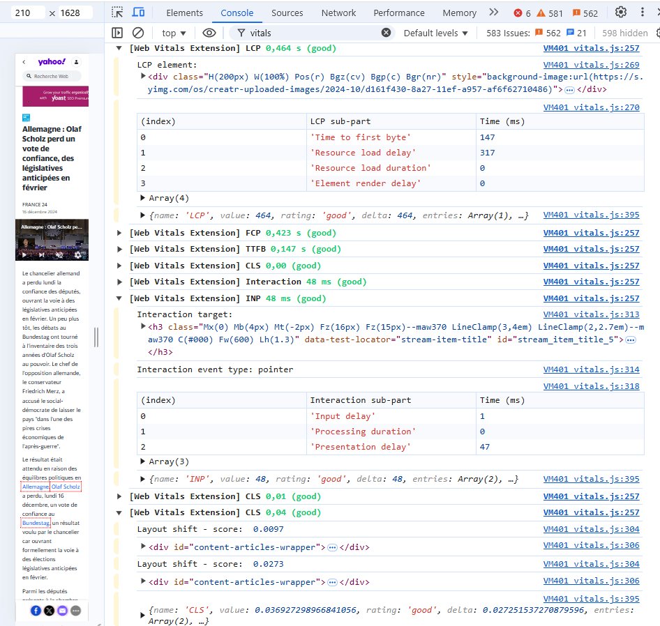 Comment débugger les CoreWebVitals (LCP + CLS &amp; INP pendant la durée de vie d'une page) directement dans Chrome? Hormis l'onglet "performance", l'extension Web Vitals chromewebstore.google.com/detail/web-vit… est une bonne solution, avec l'option "Console logging" activée :