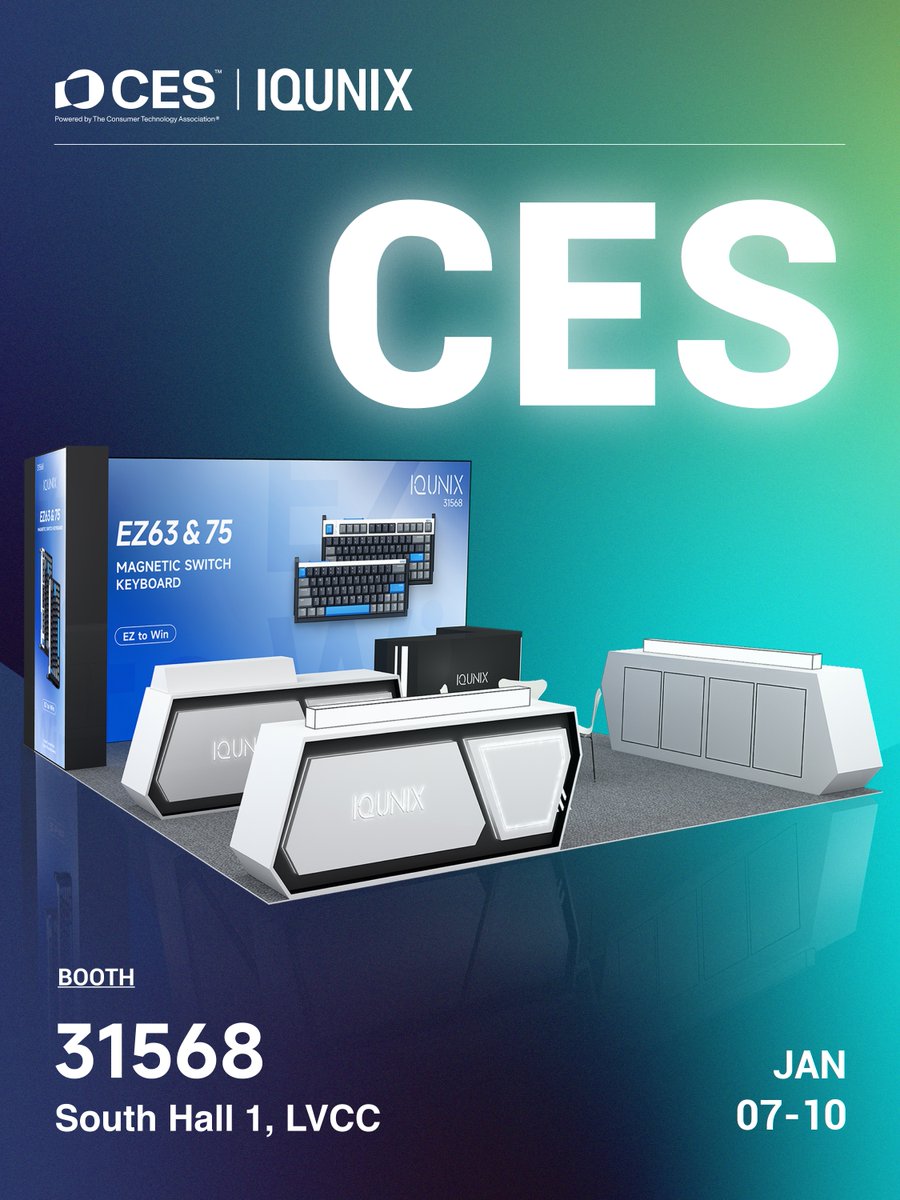 iQunix's tweet image. IQUNIX is heading to CES 2025 in Las Vegas!

Booth #31568, South Hall 1, LVCC
January 7-10

Curious about what sneak peeks we&apos;ll have? 👀
See you at CES!

#IQUNIX #CES2025 #Keyboards #MechanicalKeyboard