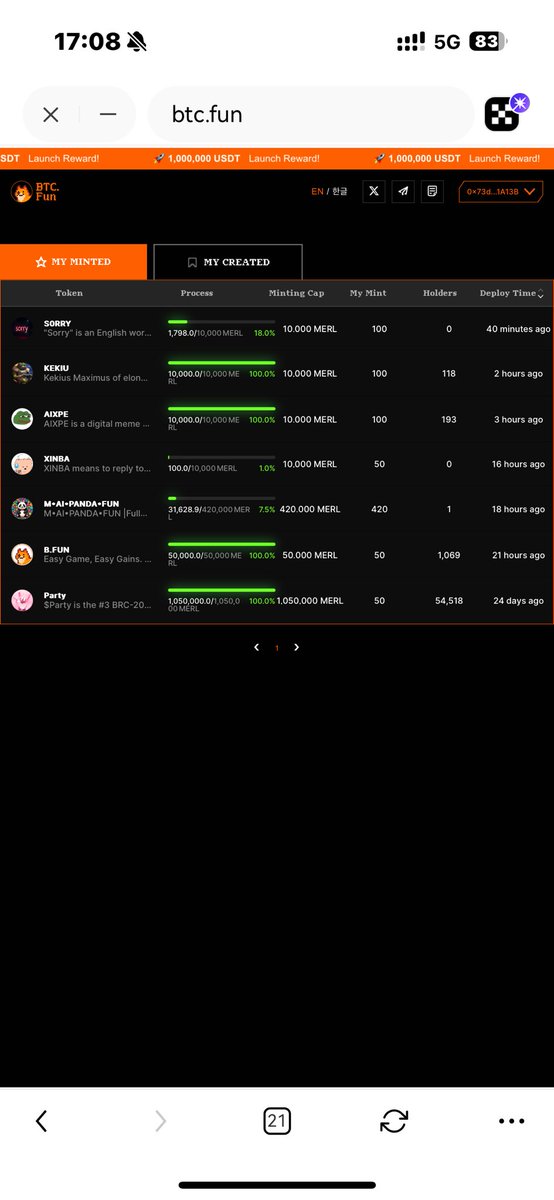 btc.fun开了20个小时

反正就是几百个merl在那边玩，大概抓到2个10x币没赚多少大概加一起赚了1000个merl因为第一天都是体验

然后体验下来之后就谢谢感觉吧，目前发射成功的币已经会碰上狙击机器人了策略也很聪明