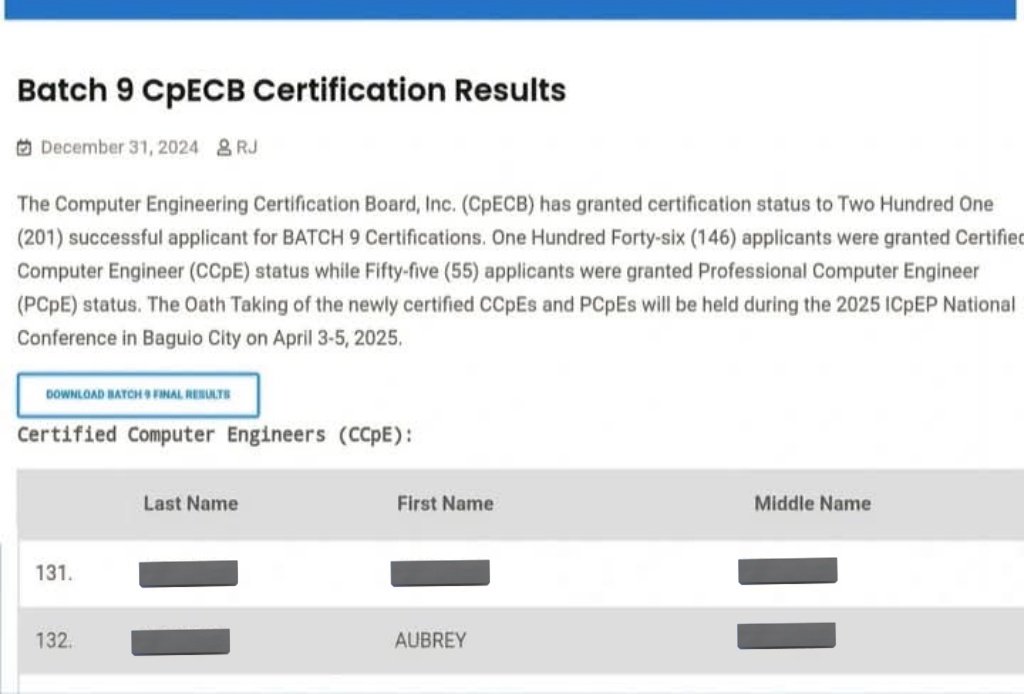 AubreyBYL's tweet image. Ending the year with a bang! I am now officially a Certified Computer Engineer! 😭🙏
#ComputerEngineer