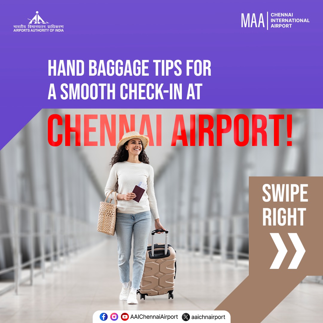 aaichnairport's tweet photo. Planning to travel through Chennai Airport? Make your check-in process smoother by following these hand baggage tips. Travel smart and enjoy a hassle-free experience.
#ChennaiAirport #CabinBaggage #HandBaggage #SmoothTravel #TravelSmart #AAIAirports
@MoCA_GoI | @AAI_Official https://t.co/tThfkTQmlB