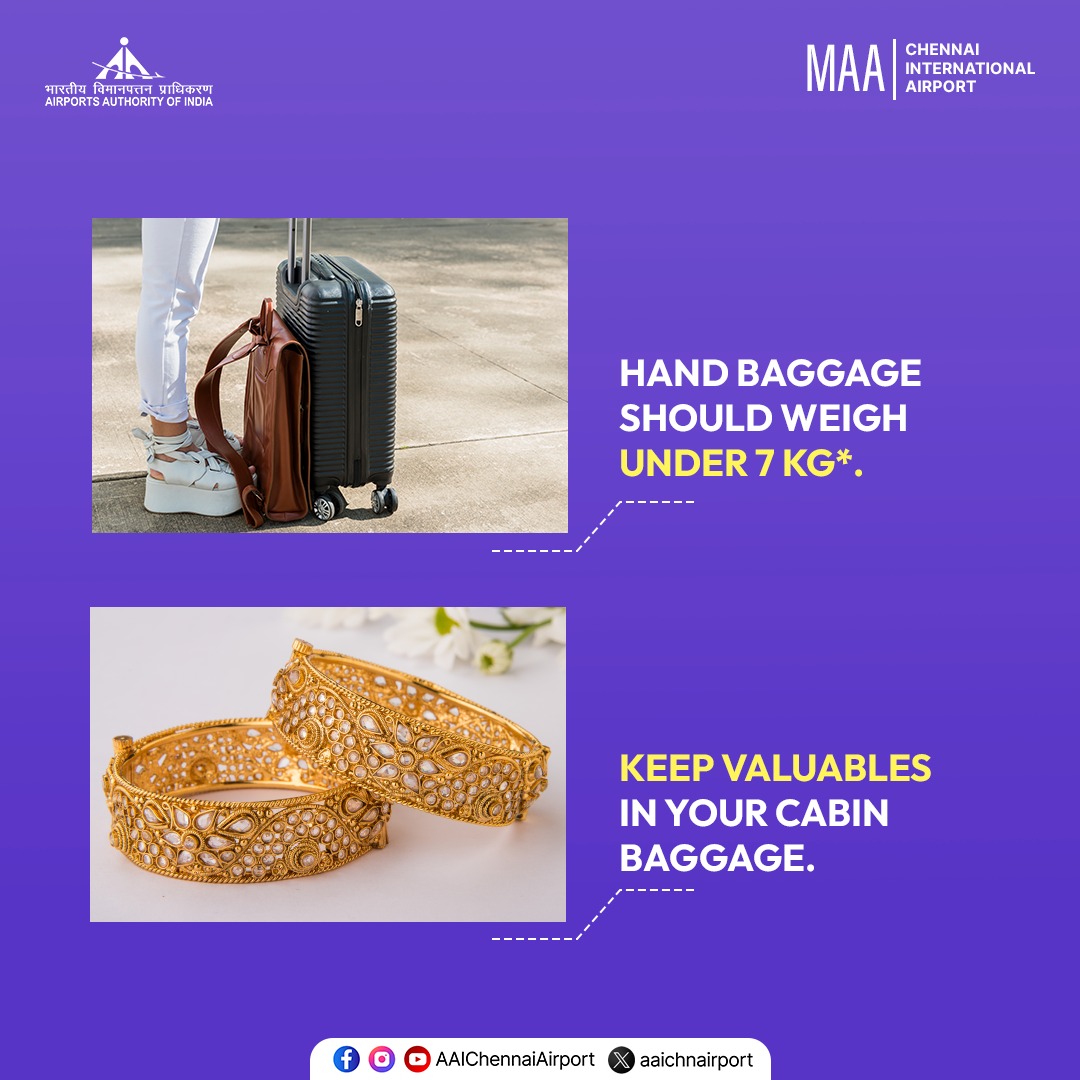 aaichnairport's tweet photo. Planning to travel through Chennai Airport? Make your check-in process smoother by following these hand baggage tips. Travel smart and enjoy a hassle-free experience.
#ChennaiAirport #CabinBaggage #HandBaggage #SmoothTravel #TravelSmart #AAIAirports
@MoCA_GoI | @AAI_Official https://t.co/tThfkTQmlB