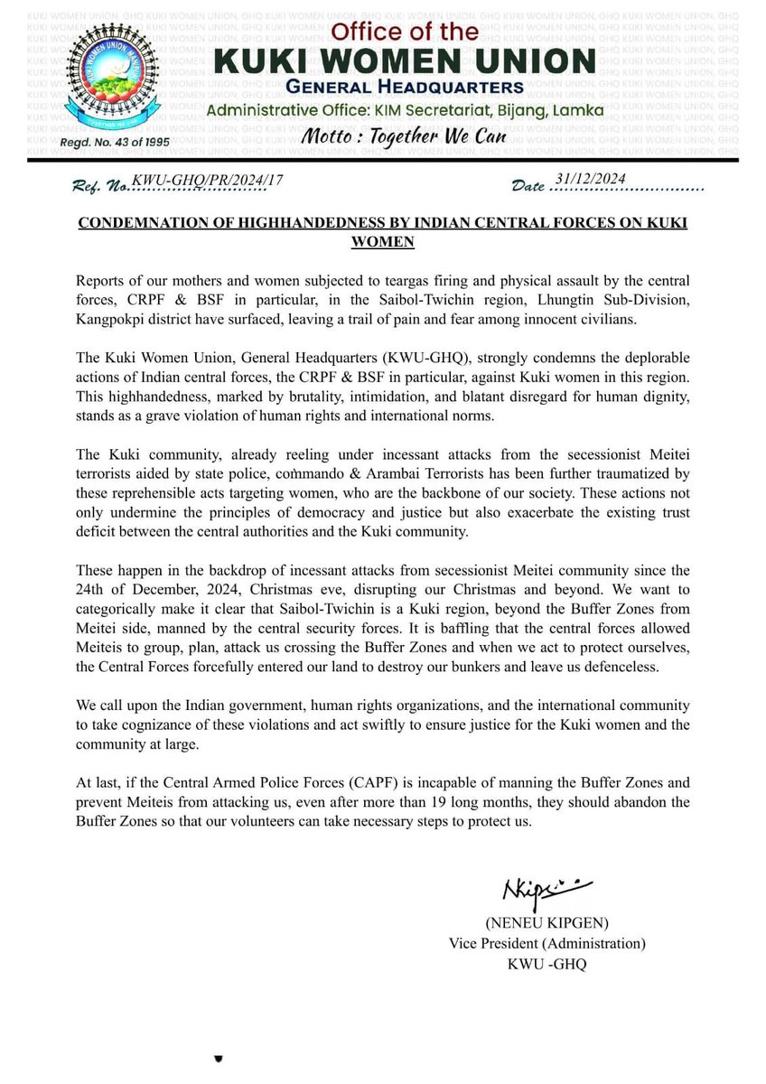 Sumkawn's tweet photo. Manipur: The Kuki Women Union, GHQ, condemns the physical assault on the Kuki women by the central forces, namely @crpfindia and @BSF_India, in Saibol, Kangpokpi district.

They further warn the CAPF to leave if they are incapable of manning the Buffer Zone and preventing #MeiteiMilitants from attacking the Kukis in the region.

@PMOIndia @MIB_India @HMOIndia @pinarayivijayan
@adgpi @ANI @PTI_News @IndiaTodayNE @NENowNews @EastMojo @NELiveTV @ThePrintIndia @thewire_in @IndianExpress @official_dgar @ttindia @the_hindu @EconomicTimes @ndtv @frontline_india @AJEnglish @vijaita @afridahussai @vishalarora_in @BhardwajAnanya