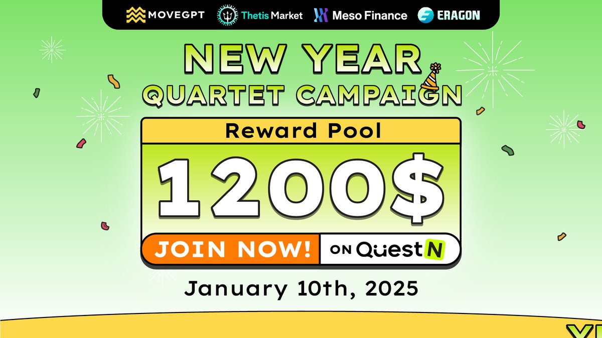 NEW YEAR QUARTET CAMPAIGN ✅

MoveGPT kicks off 2025 with an exciting collaboration 🎉

Join <a href="/Eragon_gg/">ERAGON</a>, <a href="/Meso_Finance/">Meso Finance</a>, and <a href="/ThetisMarket/">Thetis Market</a> in exclusive quests, connect with top projects, and claim your share of the $1,200 prize pool.

⏰ End Time: January 10th, 2025

💥 JOIN NOW: