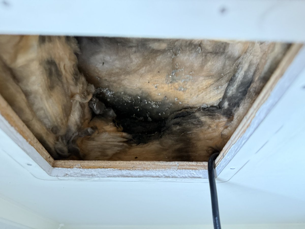 takasatoMA's tweet photo. 実家に帰省し「風呂場の換気扇が壊れたから交換できるか見て」と頼まれ調査。なんと20年以上も外のダクトに繋がっていないことが判明…断熱材の奥から隠れたダクトを発見し、新品の換気扇に交換しましたが、配線も「いつの時代の職人技？」と思うような接続方法。驚きと悲しみの2024年最後の日でした。 https://t.co/8ReLSGhqmD