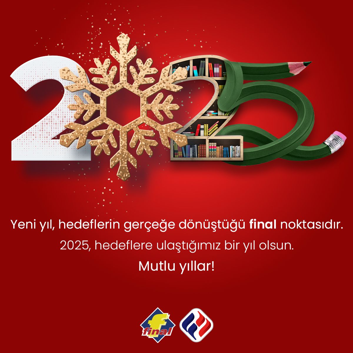 Yeni yıl, hedeflerin gerçeğe dönüştüğü final noktasıdır.
Tüm öğretmenlerimize, öğrencilerimize ve velilerimize, mutluluk ve başarılarla dolu bir yıl dileriz. 🎄💫
#FinalOkulları