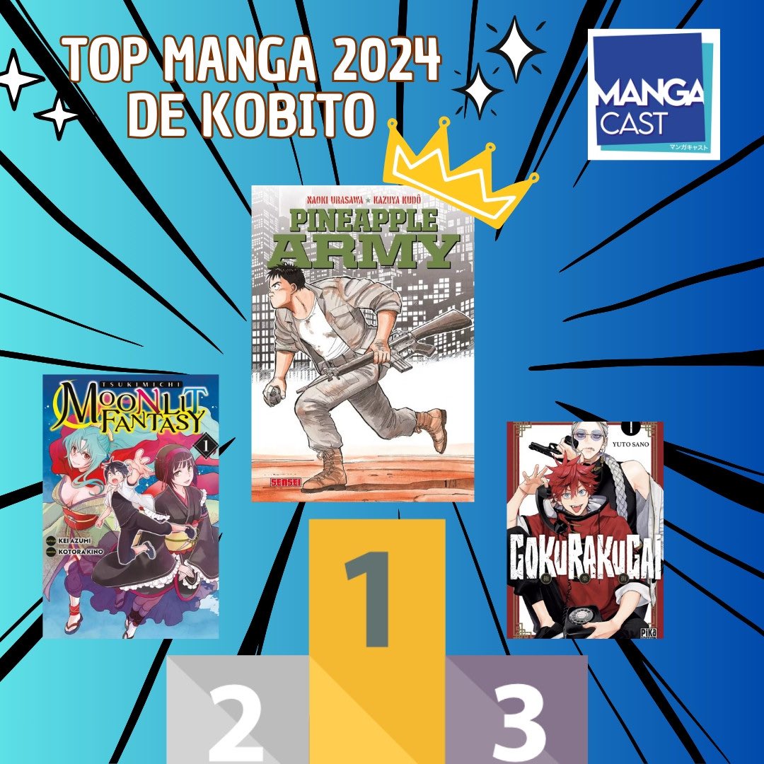 Découvrez la sélection manga 2024 de Kobito :

🥇Pineapple Army (<a href="/EditionsKana/">Editions Kana</a>)
🥈Tsukimichi - Moonlit Fantasy (<a href="/MeianFR/">Meian</a>)
🥉Gokurakugai (<a href="/pikaedition/">Pika édition</a>)

Du surnaturel avec des chasseurs de démons et un isekai, ou sinon, retrouvez Naoki Urasawa qui aborde les horreurs de la guerre.