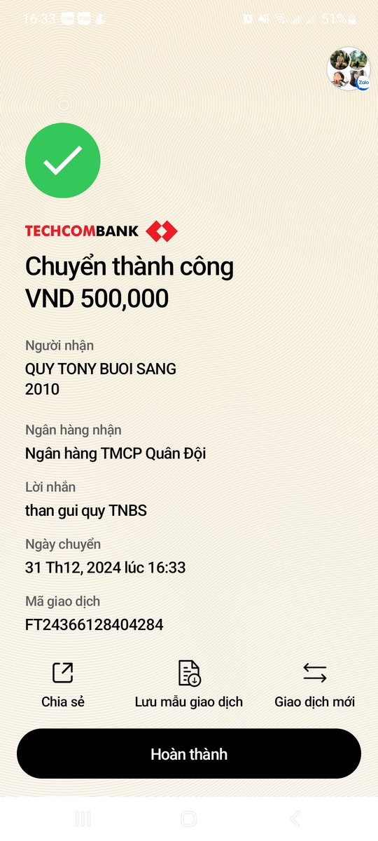 Khép lại năm 2024.
Biết ơn vì tất cả 
Biết ơn một năm 2024 với nhiều điều, biết ơn sự giúp đỡ của tất cả nhân duyên.
Biết ơn bản thân đã cố gắng.
Trân quý gửi đến quỹ TNBS một ít tấm lòng của em.
Chúc mọi người luôn hạnh phúc, bình an.
#sun