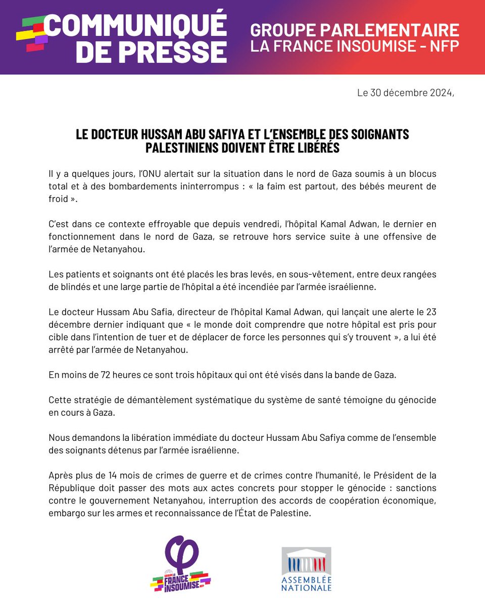 Cette réaction parfaite des élu-es <a href="/FranceInsoumise/">La France insoumise</a> devrait être partagée par tous les élu-es attaché-es à la justice, au droit international et à la paix. Quelque soit son obédience politique, personne ne peut accepter de tels agissements !
#FreeDrHussamAbuSafiya