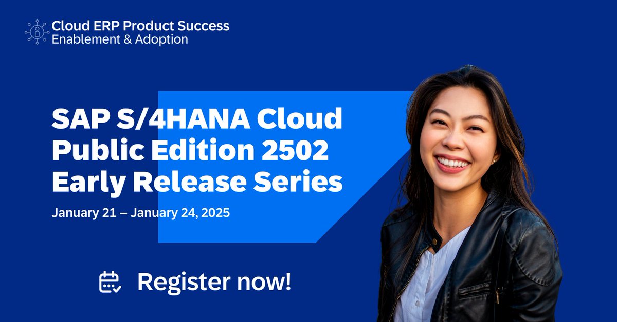 Ulrich Hauke (@haukeulrich) on Twitter photo π Mark your calendar and register for the SAP S/4HANA Cloud Public Edition 2502 Early Release Series now: imsap.co/6012v5M0e
Letβs explore how SAP S/4HANA Cloud Public Edition is shaping the future of cloud ERP.
<a href="/SAPCloudERP/">SAP Cloud ERP</a> π Mark your calendar and register for the SAP S/4HANA Cloud Public Edition 2502 Early Release Series now: imsap.co/6012v5M0e
Letβs explore how SAP S/4HANA Cloud Public Edition is shaping the future of cloud ERP.
<a href="/SAPCloudERP/">SAP Cloud ERP</a>