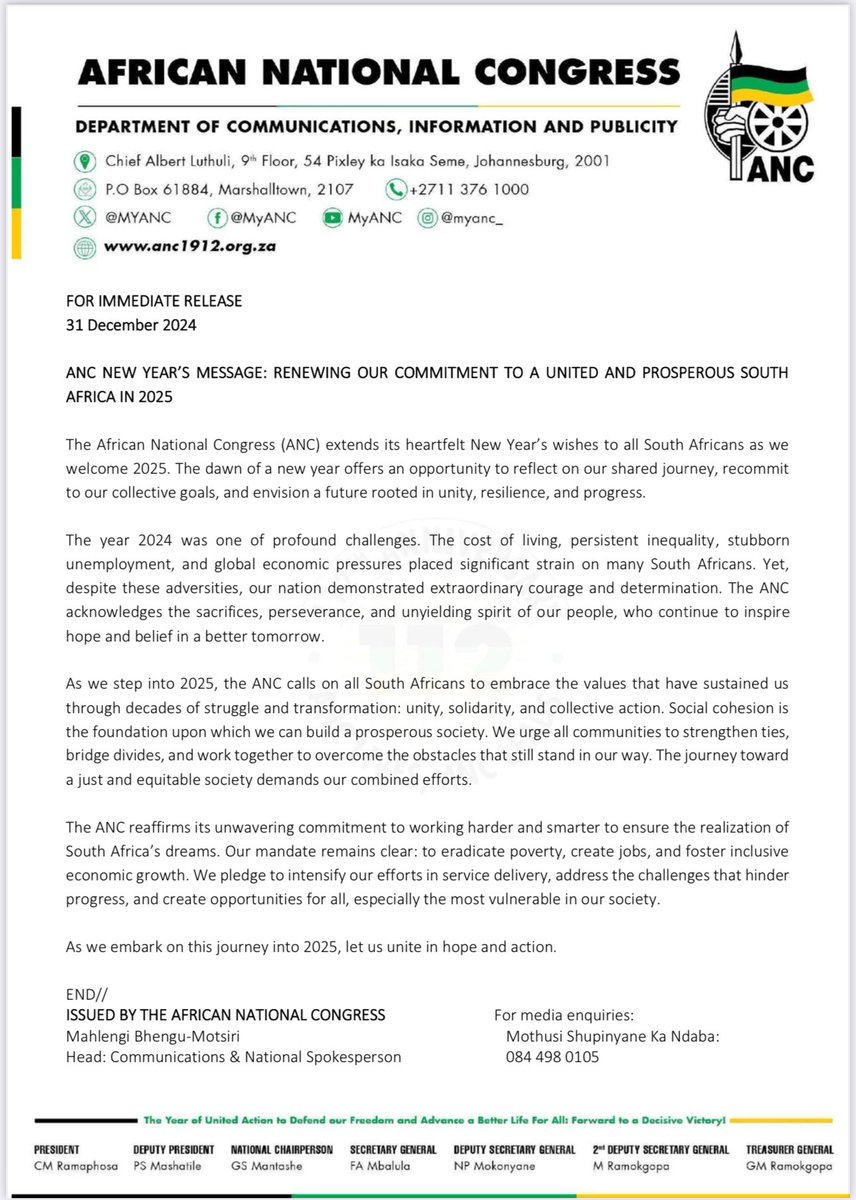 MbalulaFikile's tweet image. ANC NEW YEAR’S MESSAGE: RENEWING OUR COMMITMENT TO A UNITED AND PROSPEROUS SOUTH AFRICA IN 2025