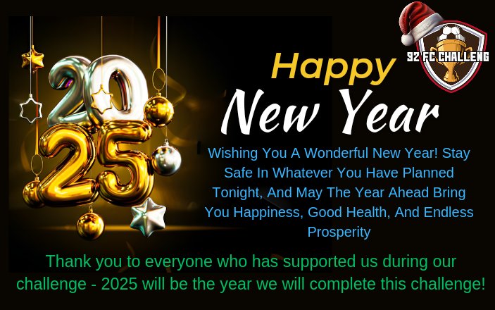 We will return to action with Matchday 90 on the 4th January 2025 - Leyton Orient vs Shrewsbury Town.

Happy New Year Everyone 🎉🍻👌

#happynewyear #football #memories #92fcchallenge