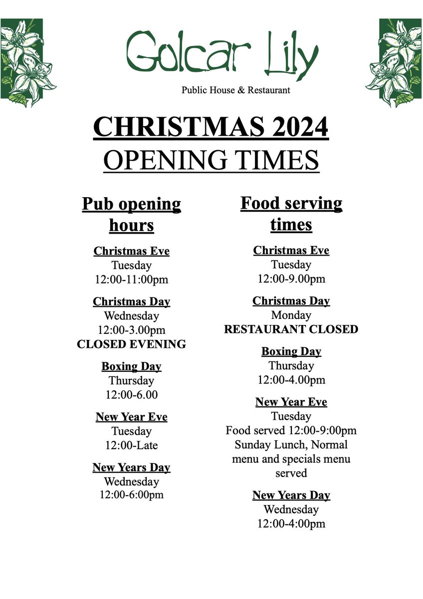 New Year Eve 
Food served. 12- 9pm
New Year’s Day 
Food served 12-4pm
<a href="/followers/">はうはう</a>