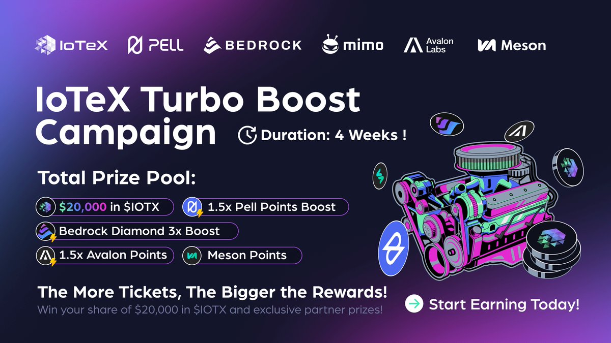 Pell Network | BTC Restaking (@pell_network) on Twitter photo ๐ IoTeX Turbo Boost with <a href="/iotex_io/">IoTeX</a> <a href="/Pell_Network/">Pell Network | BTC Restaking</a> <a href="/Bedrock_DeFi/">Bedrock | BR is LIVE</a> <a href="/mimoprotocol/">mimo protocol</a> <a href="/avalonfinance_/">Avalon Labs ๐ฉ๐ฎ</a> <a href="/mesonfi/">Meson Finance</a> ! ๐
Unlock $20,000 in $IOTX + exclusive rewards from partners! ๐
Join the biggest IoTeX Eco campaign ever & play a key role in the #DePIN revolution! ๐ฅ
๐ฏ 4 Weeks of ๐ IoTeX Turbo Boost with <a href="/iotex_io/">IoTeX</a> <a href="/Pell_Network/">Pell Network | BTC Restaking</a> <a href="/Bedrock_DeFi/">Bedrock | BR is LIVE</a> <a href="/mimoprotocol/">mimo protocol</a> <a href="/avalonfinance_/">Avalon Labs ๐ฉ๐ฎ</a> <a href="/mesonfi/">Meson Finance</a> ! ๐
Unlock $20,000 in $IOTX + exclusive rewards from partners! ๐
Join the biggest IoTeX Eco campaign ever & play a key role in the #DePIN revolution! ๐ฅ
๐ฏ 4 Weeks of