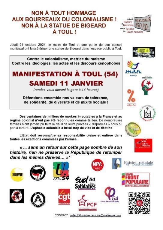 Manifestation à Toul le 11 janvier.
Non à la statue de Bigeard !