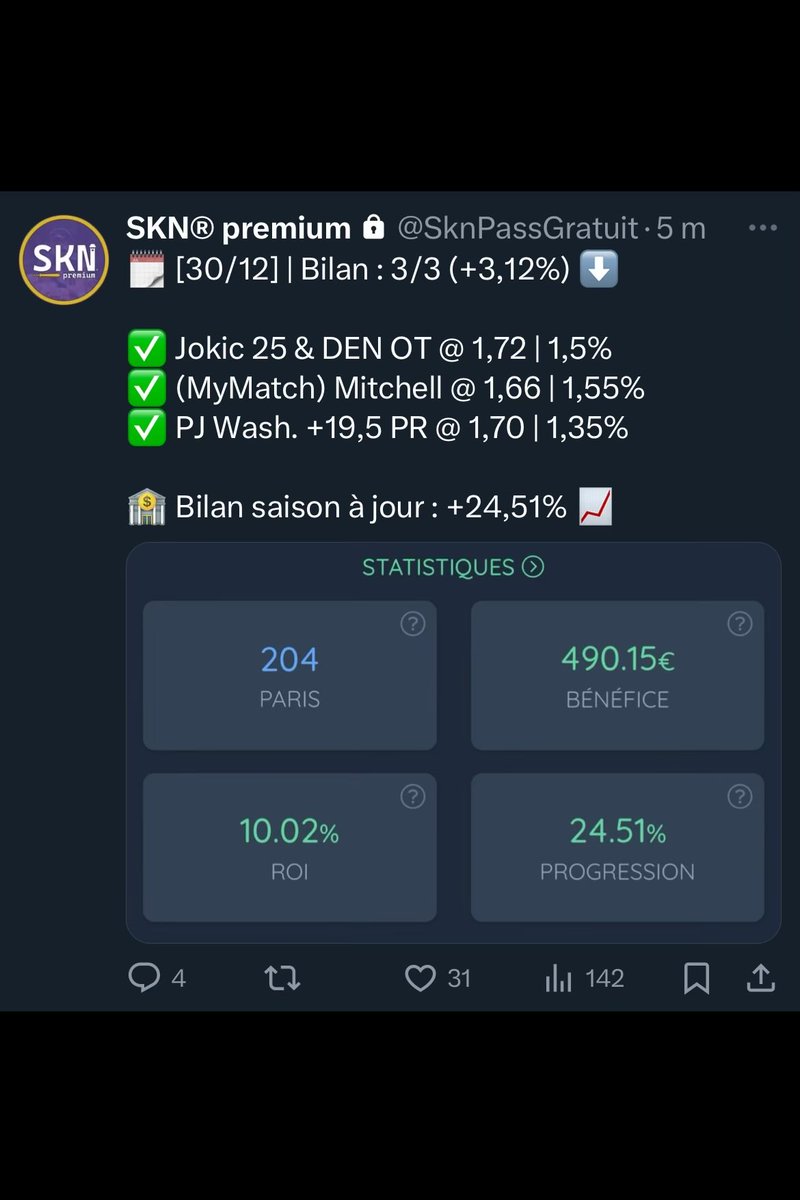 SknurtBetting's tweet photo. 🗣️ PERFEEEECT ! + #Concours ⤵️

✅ Jokic 25 &amp; DEN OT @ 1,72 | 1,5%

Et dans le [@SknPassGratuit]… 🔒
✅ 3/3 (+3,12%) | Saison : +24,51% 📈

🎁 Concours 2 x 25€ ! Pour participer :
 
👉 RT ce tweet et suis [@SknurtBetting] 

Maintenant… À VOS TICKEEEEEEETS ⬇️ https://t.co/8bHwOwXpOj