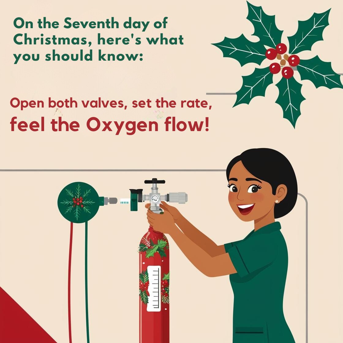 🎵 On the 7th day of Christmas, let’s breathe easy and say:
Oxygen safety leads the way!

🔧 Open both valves, set the flow rate right,
Feel the oxygen flow—your guiding light.

Check cylinder levels, ensure there’s enough,
Store it safely to avoid any rough. 🎄✨