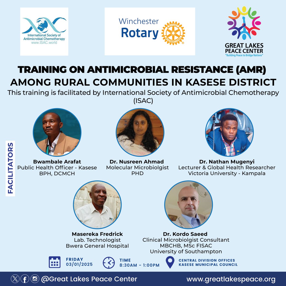 Great Lakes Peace Center (@glpcug) on Twitter photo This Friday, we shall be hosting a training session on Antimicrobial Resistance among rural communities in Kasese - Uganda.
The training is supported by @ischemo through <a href="/WinchRotary/">Winchester Rotary UK</a> to amplify & raise awareness among rural communities & to educate the healthcare workers.
#AMR This Friday, we shall be hosting a training session on Antimicrobial Resistance among rural communities in Kasese - Uganda.
The training is supported by @ischemo through <a href="/WinchRotary/">Winchester Rotary UK</a> to amplify & raise awareness among rural communities & to educate the healthcare workers.
#AMR