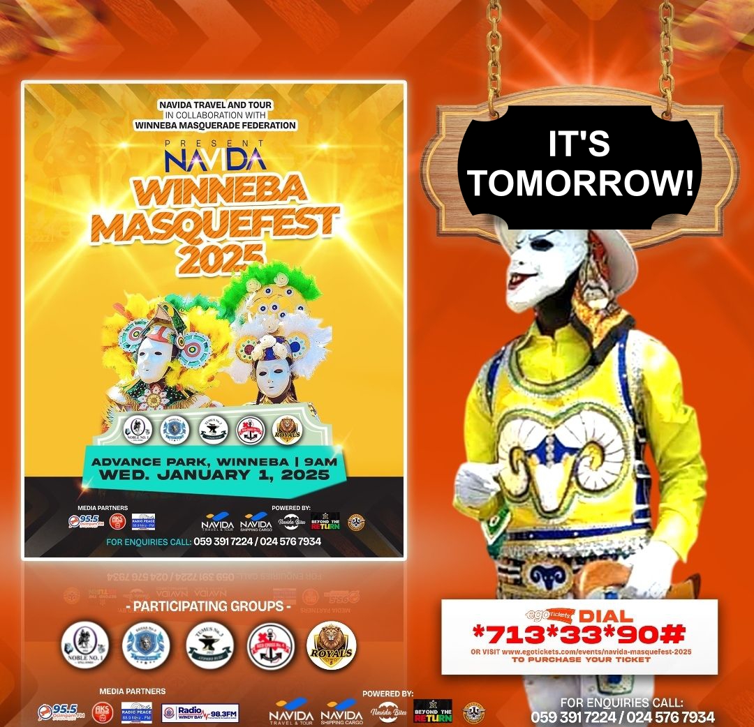 🎭 Navida Masquefest 2025! Celebrate the annual Winneba Masquerade Festival on Jan 1st at Advance Park, 9am. 5 groups of Masqueraders battle for supremacy with stunning masks and costumes. Don’t miss it! #visitwinneba #winnebamasquefest #DecemberInGH #ILoveGhana #BeyondTheReturn