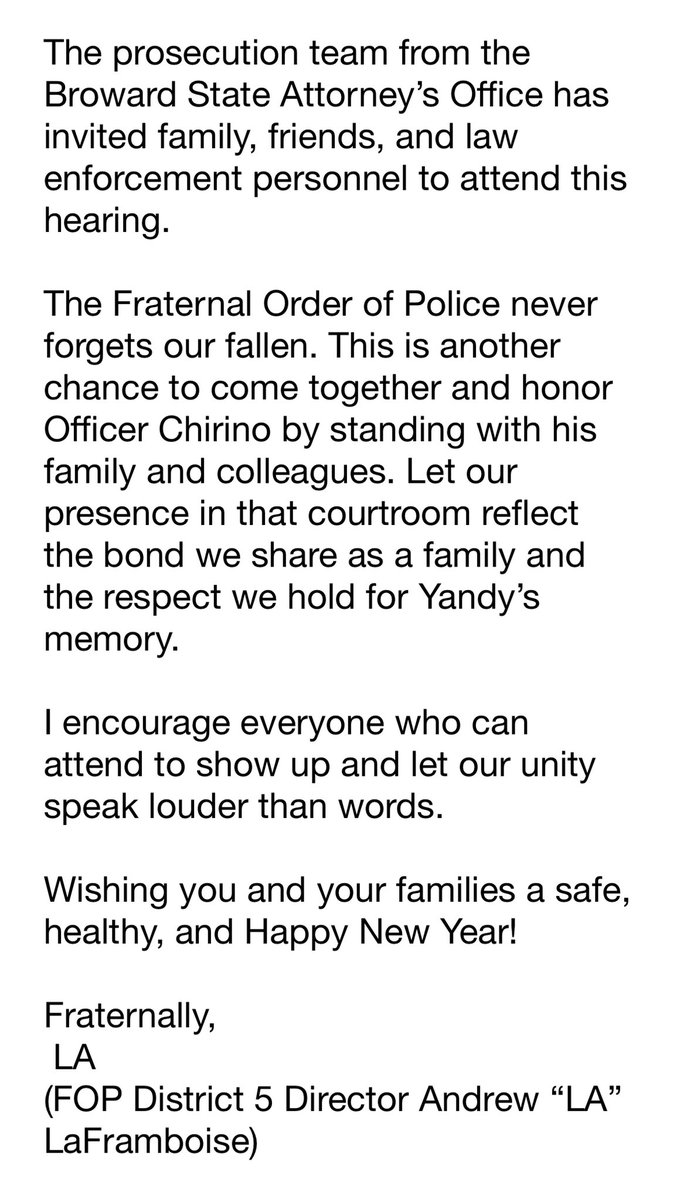 Important update regarding the case of fallen Officer Yandy Chirino. A key Status Hearing is set for Jan 6, 2025, at 8:30 AM. Let's show our support for the Chirino family &amp; the HPD. 🙏💙