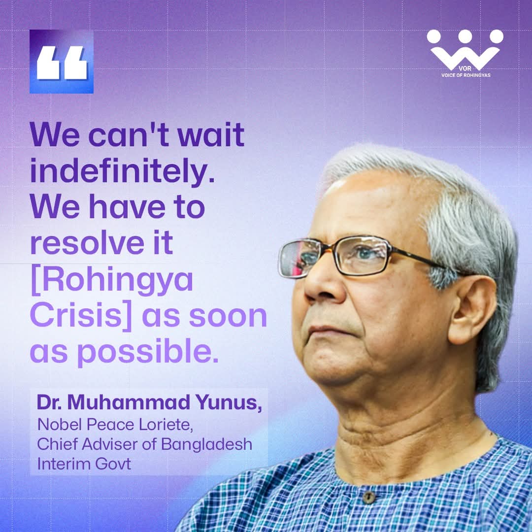 anas_aryan_safi's tweet photo. We can't wait indefinitely. We have to resolve it [Rohingya Crisis] as soon as possible . 
- Dr Muhammad Younus,
Nobel Peace Loriete, 
Chief Advisor of Bangladesh interim Govt. 

#FreeRohingya
#SupportRohingya
#SaveRohingyaFromAA https://t.co/LOdaNTIYyX