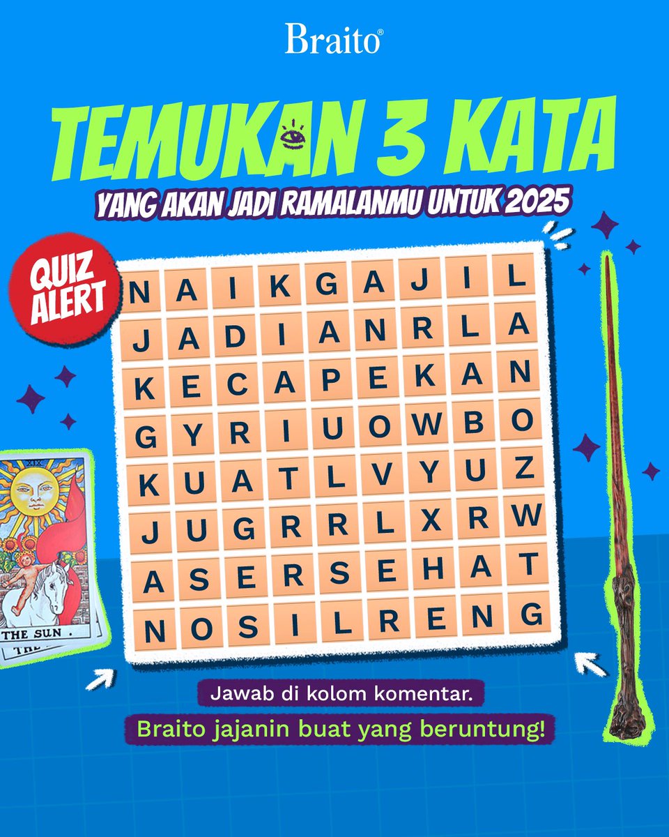 Di hari terakhir tahun 2024 ini, mari kita berdoa yang baik-baik untuk tahun 2025. Dapet 3 kata apa aja dari kotak ini?

Jawab di kolom komentar!
•Follow akun Braito Indonesia
•Like postingan ini
•Mention 3 teman beserta jawaban.

Berhadiah saldo e-wallet, lho. 🤲🏼🍀