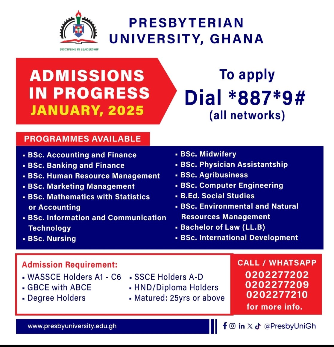 presleyoagyamfi's tweet image. International Students can also apply. @PresbyUniGh is highly recommended. With 2024 wassce holders: A1-C6 , apply today! #Wace