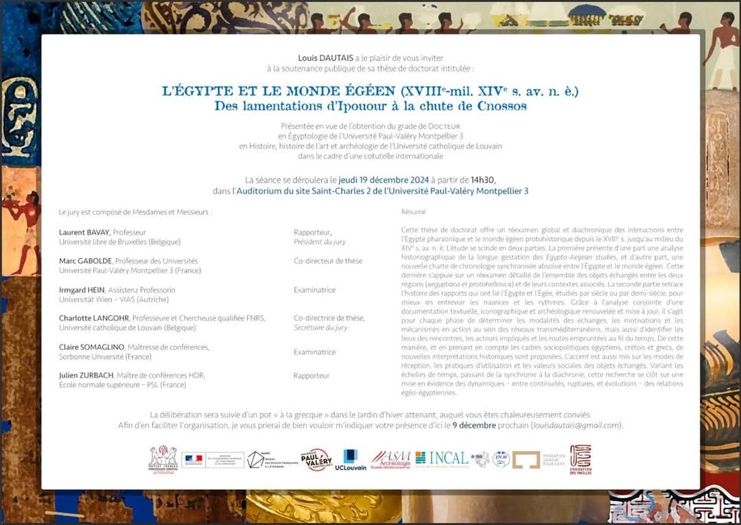LDautais's tweet image. Some days ago (19/12), I had the pleasure of defending my PhD dissertation, entitled “Egypt and the Aegean world (18th-mid.-14th c. BCE): from the Admonitions of Ipuwer to the Fall of Knossos”. 📖
1/3