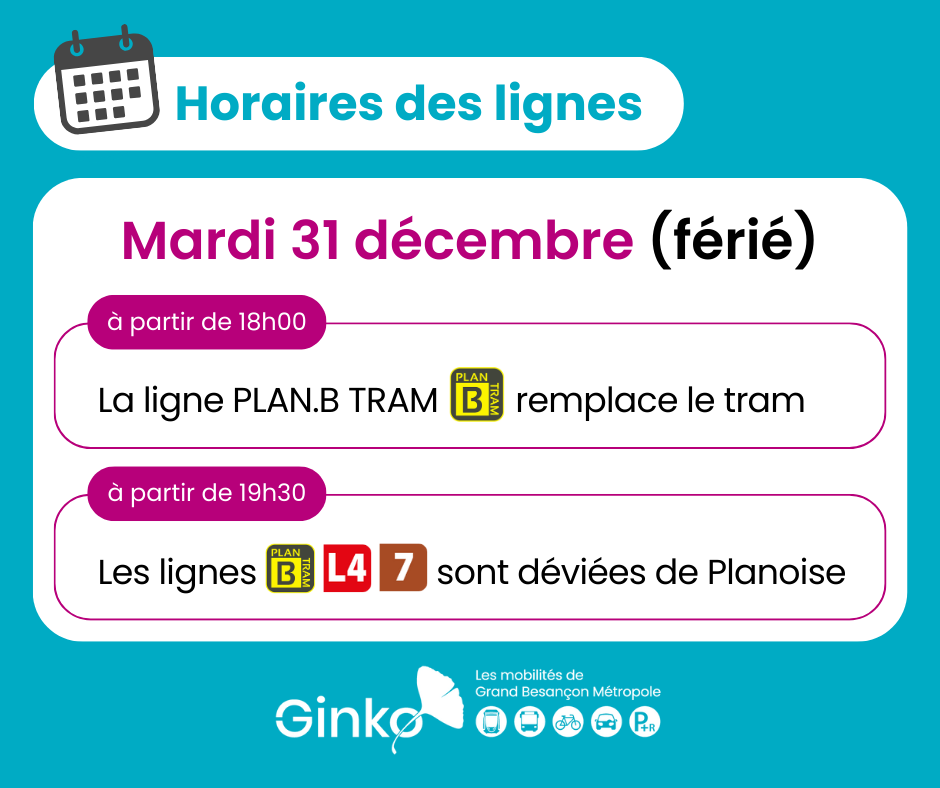 🔵 INFO TRAFIC - 31 DÉCEMBRE

Afin d'assurer un service de qualité en toute sécurité, la circulation des lignes T1, T2, PLAN.B TRAM, L4 et 7 sera adaptée ⤵️

🆕 Horaires en temps réel disponibles (en dehors des déviations) sur ginko.voyage et l'appli Ginko Mobilités.