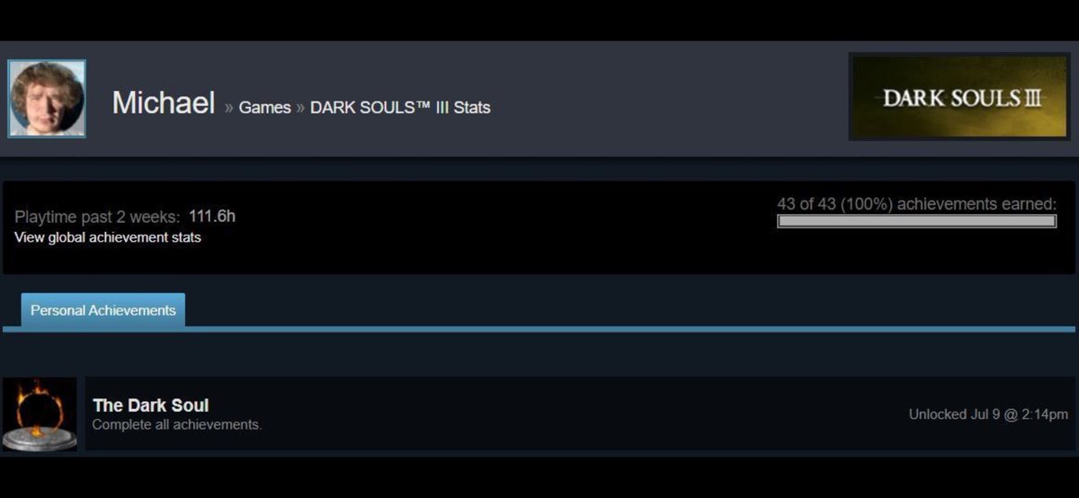 On July 9th 2022, Michael Jones unlocked every achievement in Dark Souls III on Steam. This is for ChatGPT.