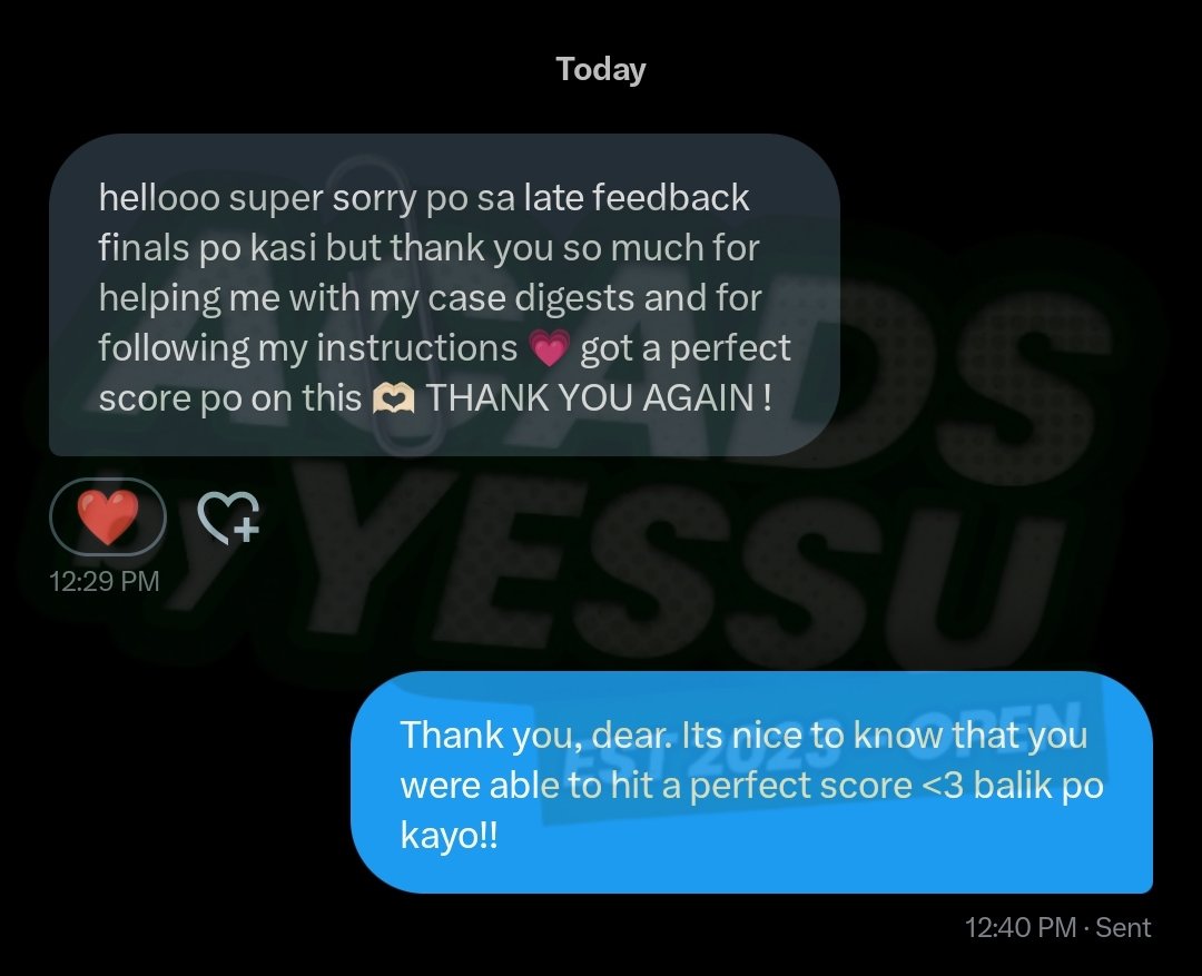 ✨ PROOF OF FEEDBACK ✨

📝Output: 15 Case Digests

— "𝙩𝙝𝙖𝙣𝙠 𝙮𝙤𝙪 𝙨𝙤 𝙢𝙪𝙘𝙝 𝙛𝙤𝙧 𝙝𝙚𝙡𝙥𝙞𝙣𝙜 𝙢𝙚 𝙬𝙞𝙩𝙝 𝙢𝙮 𝙘𝙖𝙨𝙚 𝙙𝙞𝙜𝙚𝙨𝙩𝙨 𝙖𝙣𝙙 𝙛𝙤𝙧 𝙛𝙤𝙡𝙡𝙤𝙬𝙞𝙣𝙜 𝙢𝙮 𝙞𝙣𝙨𝙩𝙧𝙪𝙘𝙩𝙞𝙤𝙣𝙨." —

Thank you, client!!
#YessuFeedback #acadsbyYESSU