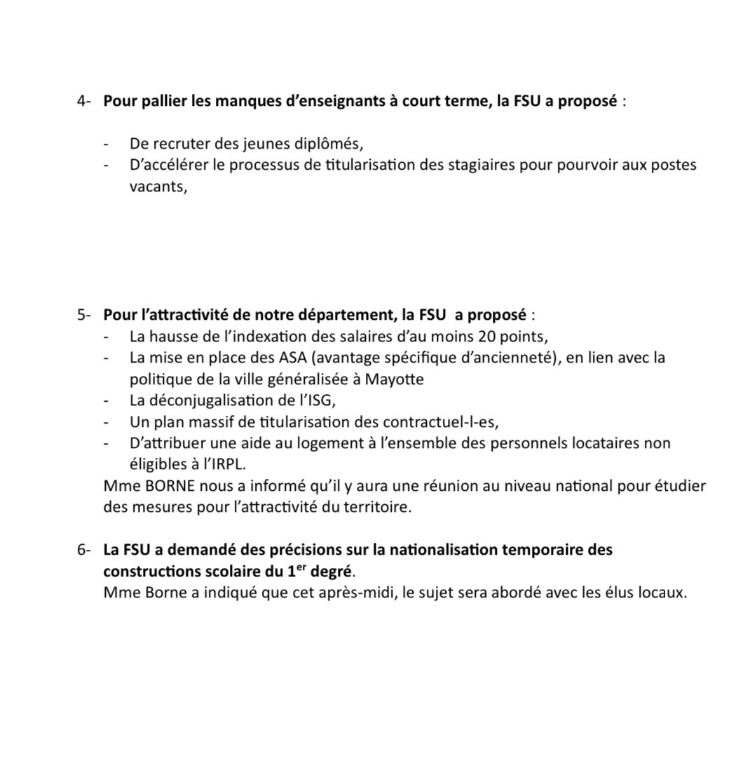Guislaine David (@guislainedavid) on Twitter photo Lors de sa visite à Mayotte, <a href="/Elisabeth_Borne/">Élisabeth BORNE</a> a rencontré les organisations syndicales durant … 25 minutes, elle est arrivée à la fin de la réunion. Les écoles sont détruites, pillées, inutilisables. Seulement 1/3 des personnels ont été contactés par le rectorat depuis le Lors de sa visite à Mayotte, <a href="/Elisabeth_Borne/">Élisabeth BORNE</a> a rencontré les organisations syndicales durant … 25 minutes, elle est arrivée à la fin de la réunion. Les écoles sont détruites, pillées, inutilisables. Seulement 1/3 des personnels ont été contactés par le rectorat depuis le