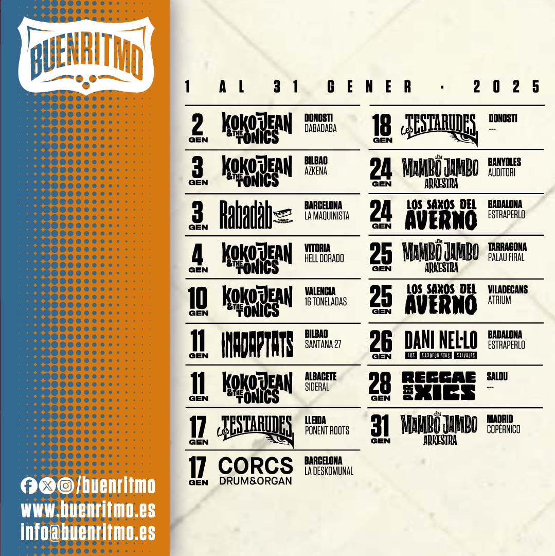 Diumenge vam tenir el nostre darrer concert de l’any i ja tenim a punt els primers concerts del mes de gener. Deixem el dia 1 per descansar i el 2 de gener comencem amb <a href="/KokoJeanTonics/">Koko-Jean & The Tonics</a> a Donosti. Bon any! nova.buenritmo.es/ca/conciertos/