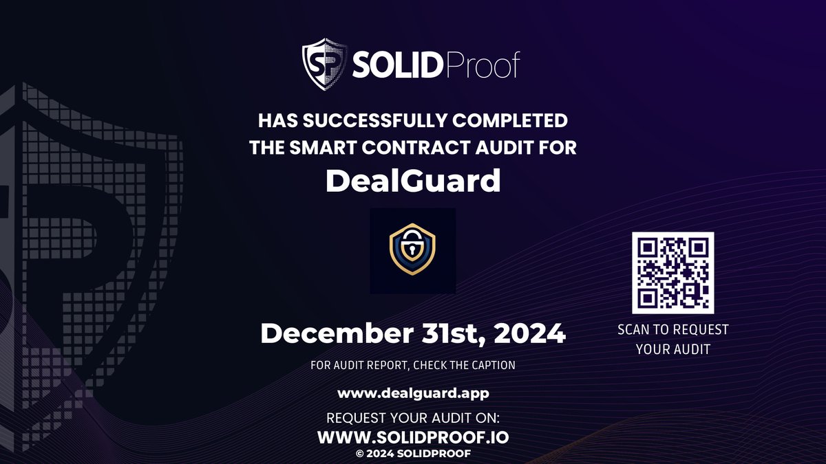 solidproof_news's tweet photo. We have finished the smart contract audit process for @deal_guard 🛡️

📷Check our findings and security score here:
https://t.co/ERYLFxm2zD

Need a Smart contract audit, KYC or development support? Send us a message, our sales team will gladly make a customized offer for you!

#securitycode #SmartNews #CryptoNews