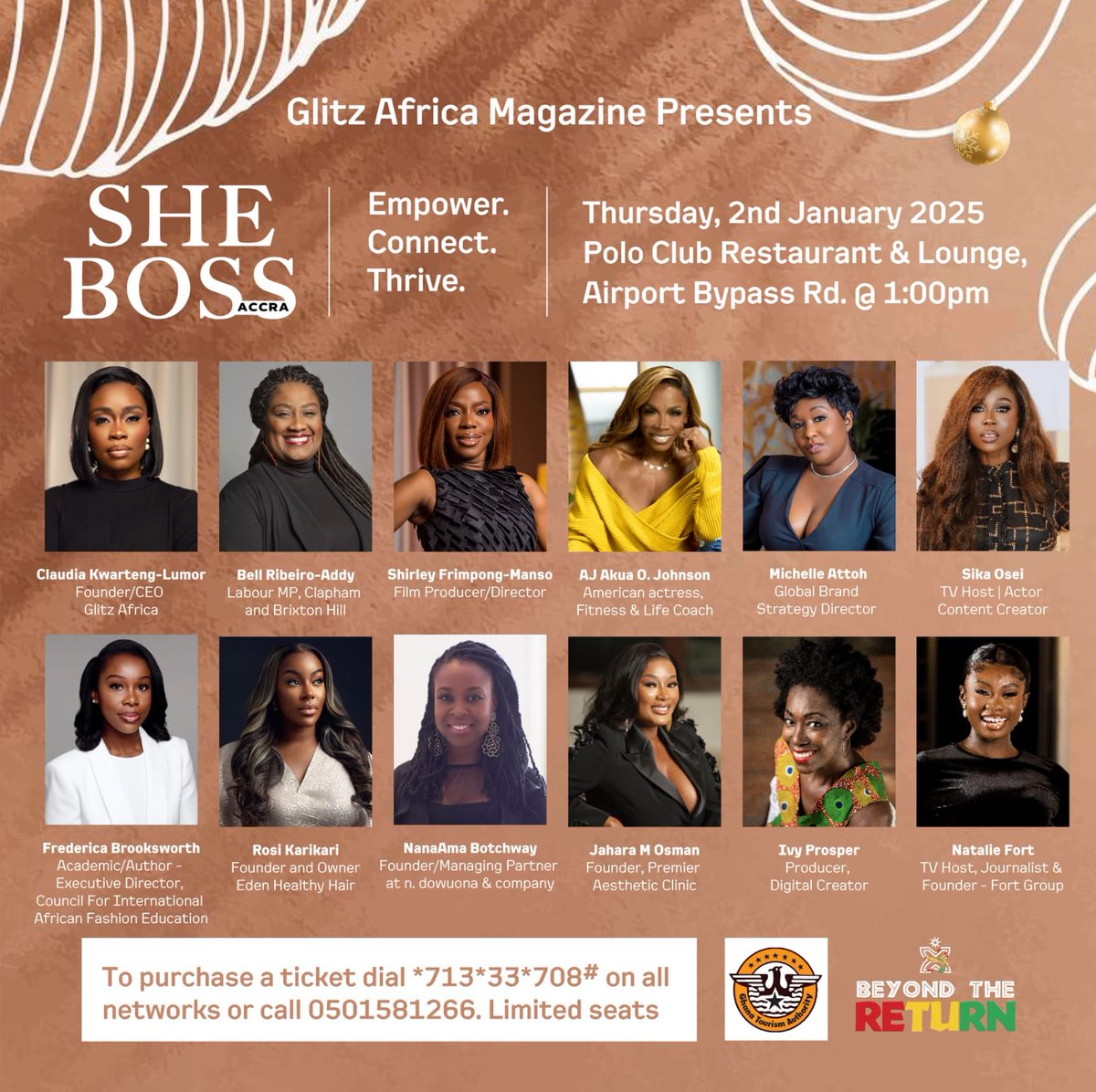 🌟 GLITZ Africa Presents SHE BOSS: Accra! 🌟 Join us on Jan 2, 2025, at 1 PM, PoloClub Restaurant &amp; hear from amazing women leaders.
🎟️: Dial *713*33*708#
📧sheboss@glitzafrica.com
📞0501581266 / 0242085378
#GLITZAfrica #SHEBOSSAccra #WomenEmpowerment #DecemberInGH #ILoveGhana